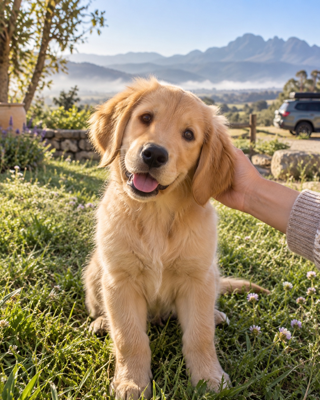 A fluffy golden retriever puppy tilting its head as its person gently scratches behind its ear at a countryside stop