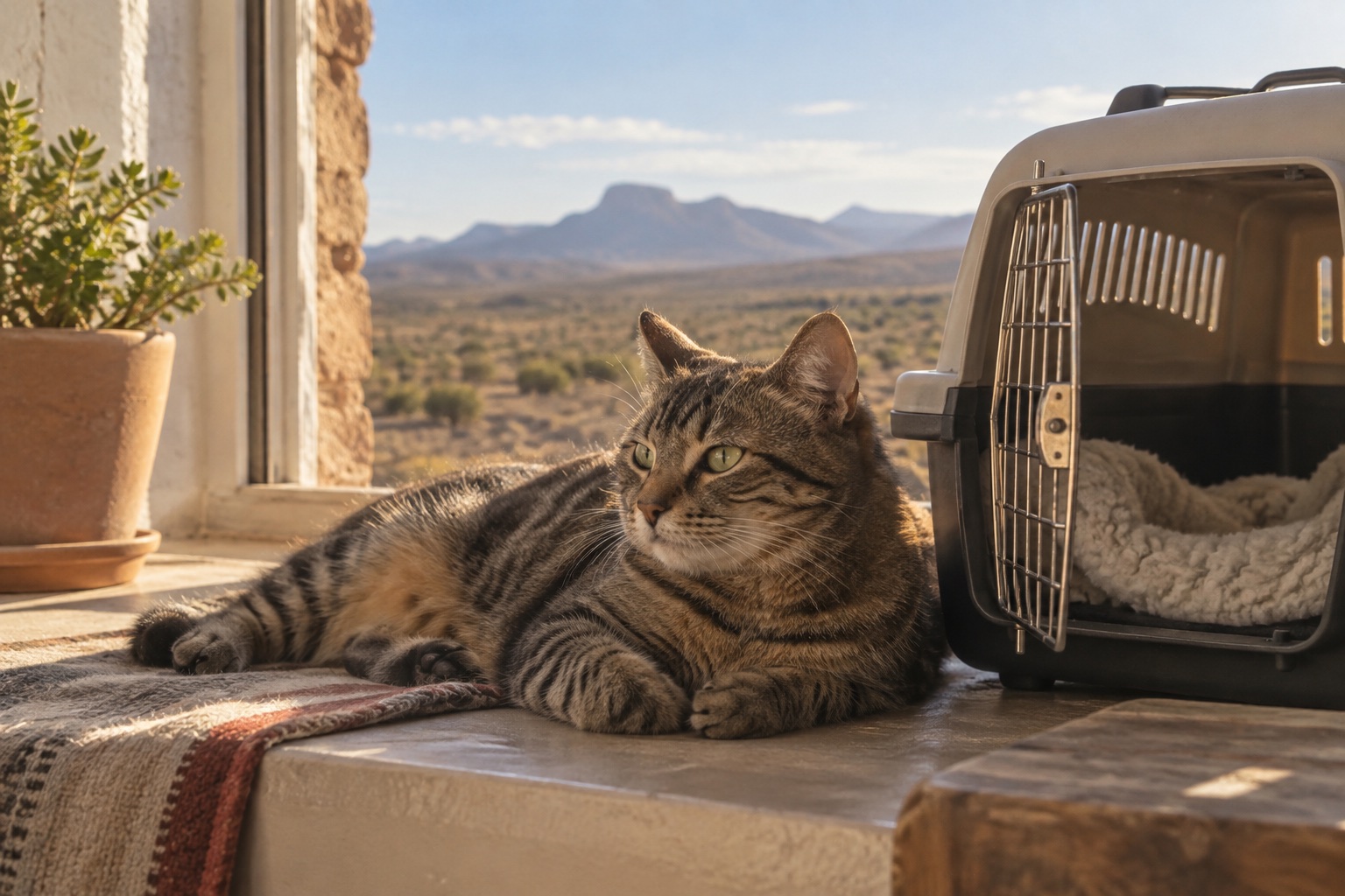 A tabby cat resting beside a travel carrier at a sunny guesthouse window